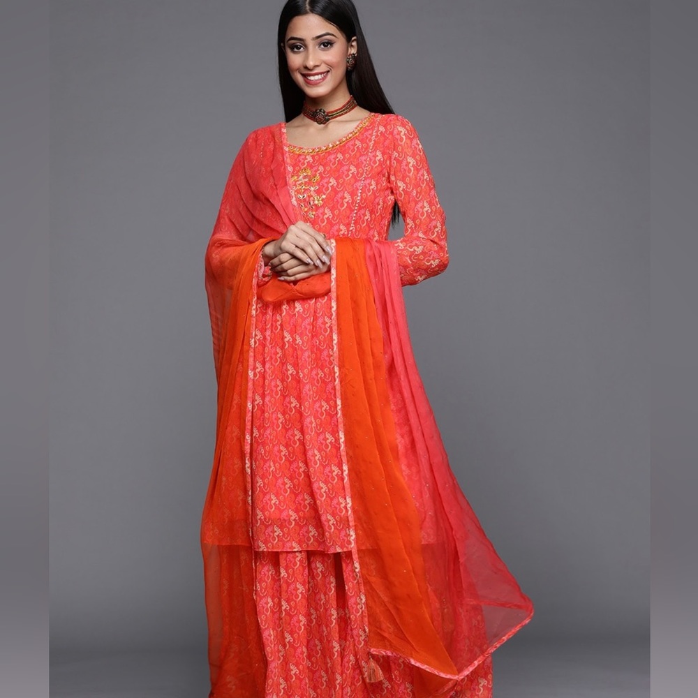 Orange Ethnic Motifs Printed miror work hurts, Bharara & Duppata
